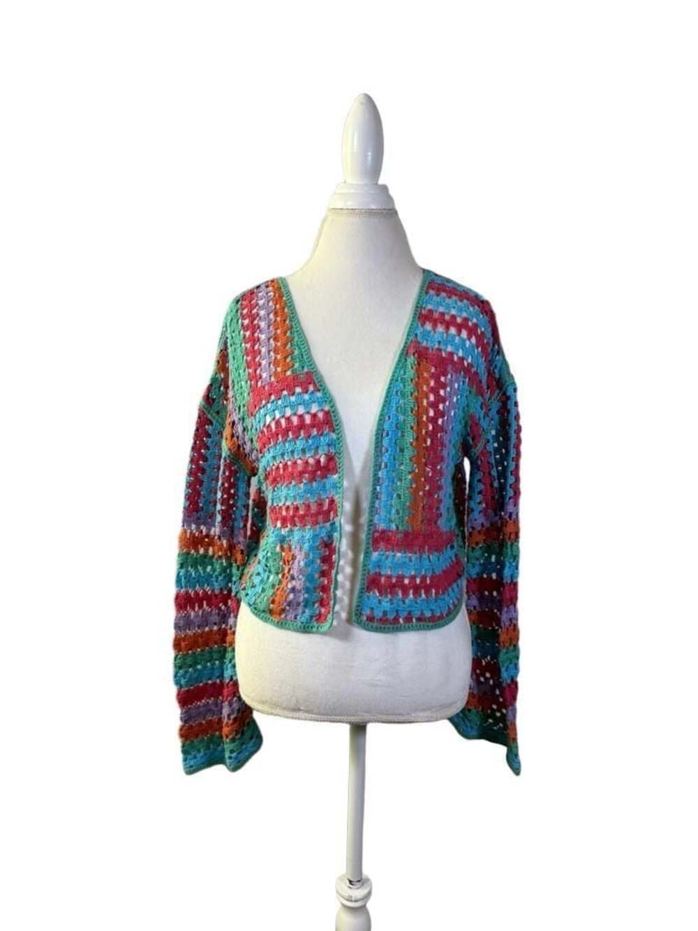 RD Style Open Front Rainbow Crochet Cardigan